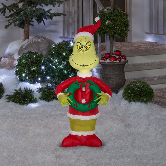 Christmas Inflatable Grinch as Santa w/Wreath Dr. Seuss, 4 ft Tall lifestyle