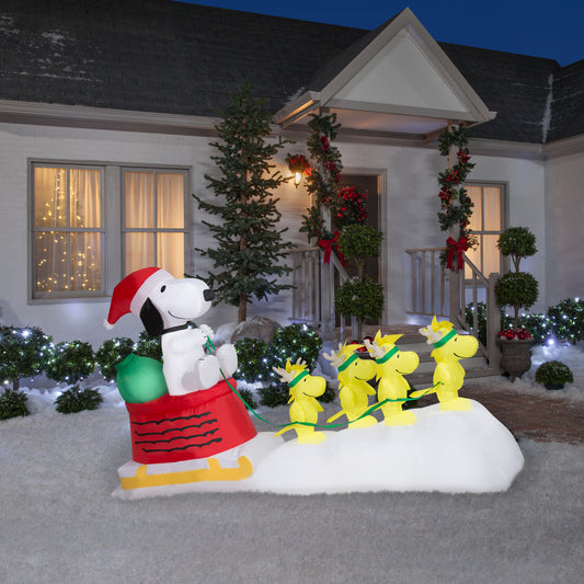 Christmas Inflatable Snoopy in Dog Bowl Sleigh w/Woodstocks Scene Peanuts, 5 ft Tall lifestyle