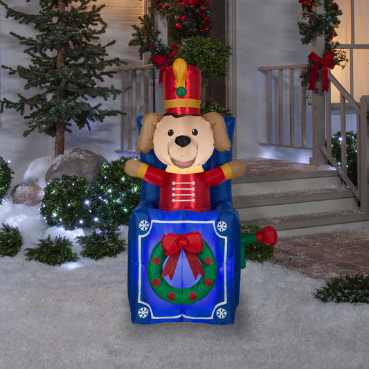 Gemmy Animated Christmas Inflatable Toy Soldier Dog in Pop Up Box, 5 ft Tall, Multi