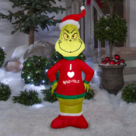 Gemmy Christmas Inflatable Grinch in Who Ville Sweater, 4 ft Tall, Multi