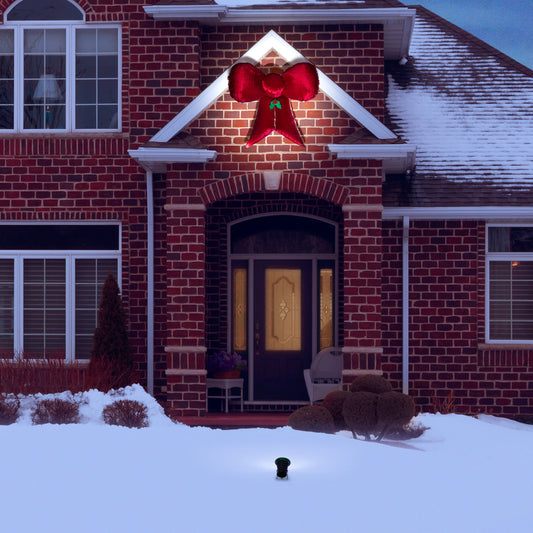 Christmas Inflatable Mixed Media Hanging Velvet Bow Red/Gold w/External Spotlight lifestyle