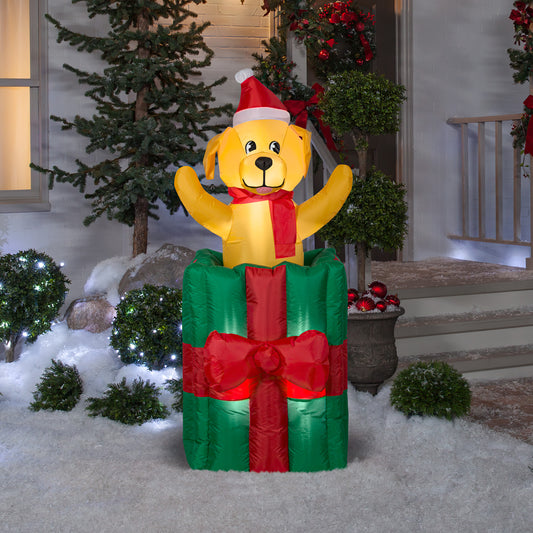 Animated Puppy in Christmas Gift Box, 5 ft Tall, green lifestyle