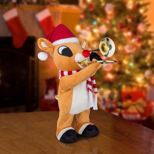 Gemmy Standing Trombone Rudolph w/Santa Hat and Scarf Rudolph, Brown