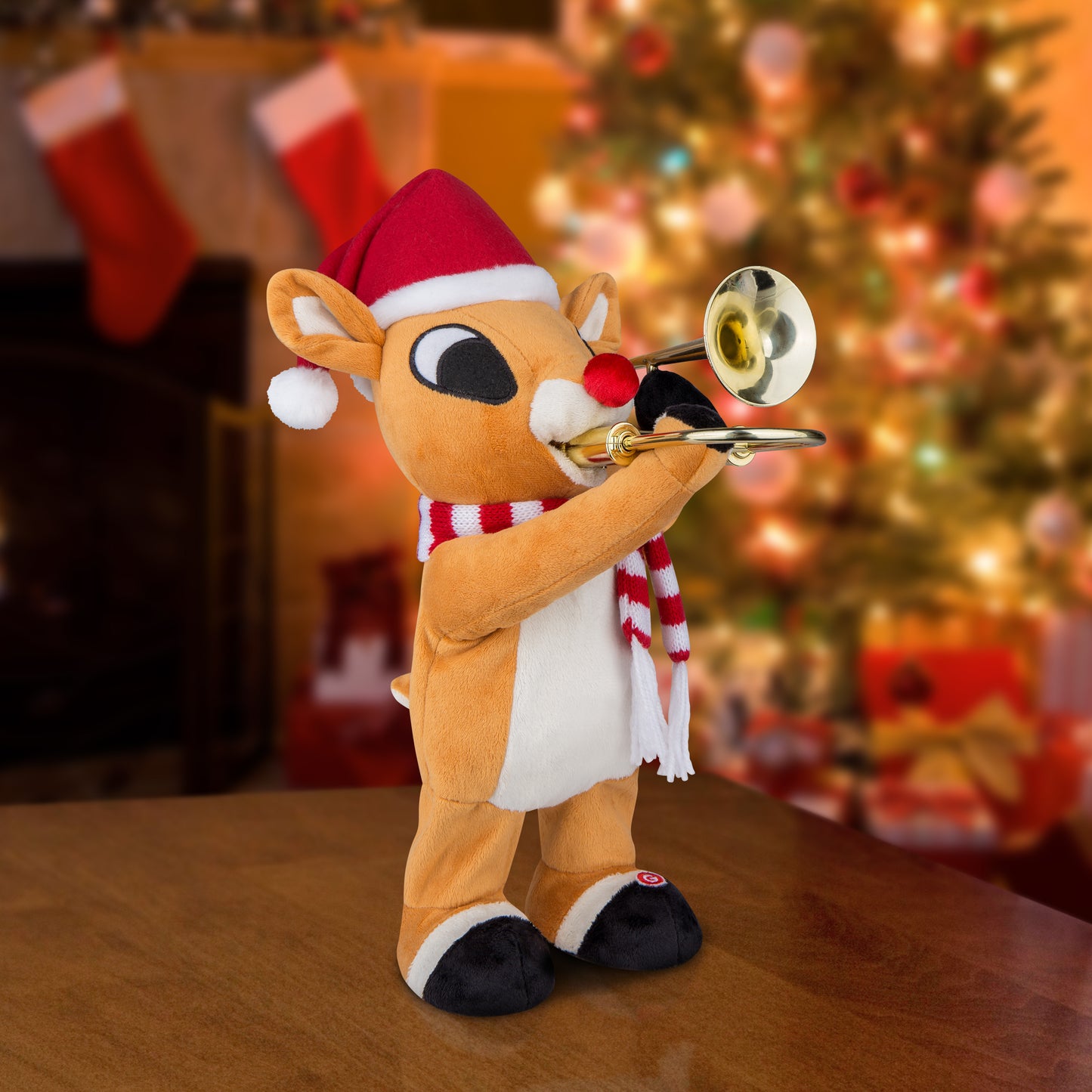 Standing Trombone Rudolph with Santa Hat and Scarf Christmas Décor lifestyle