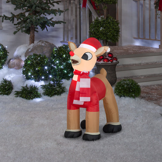 Christmas Inflatable Standing Rudolph in Santa hat and Scarf Rudolph, 3.5 ft Tall lifestyle