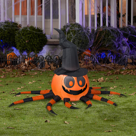 Inflatable Orange and Black Spider with Witch Hat, 3 ft Tall lifestyle