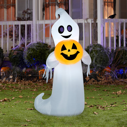 5' Playful Ghost Holding Pumpkin Halloween Inflatable lifestyle