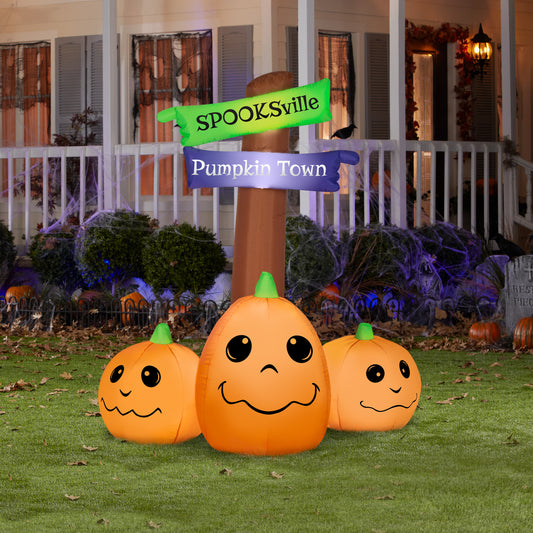 Inflatable Halloween Sign with Jack O' Lantern Trio, 5.5 ft Tall, orange lifestyle