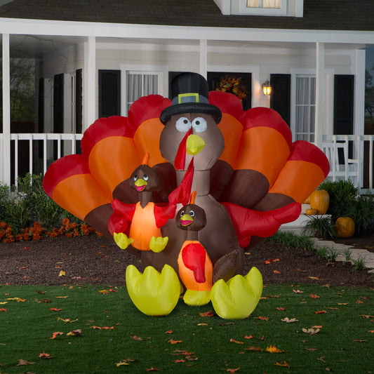 8.5' Inflatable Turkey Family Scene Outdoor Thanksgiving Autumn Yard Decor