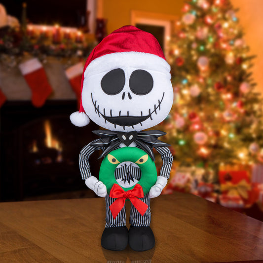 Gemmy Jack Skellington Holiday Greeter in Pinstripe Suit with Monster Wreath, Multi
