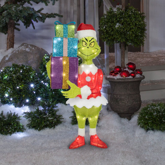 3D Holiday Lighted Tinsel Sculpture Grinch w/Present Stack Dr. Seuss lifestyle