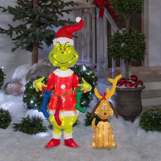 4-Ft Grinch with Stockings Lighted Tinsel Sculpture lifestyle
