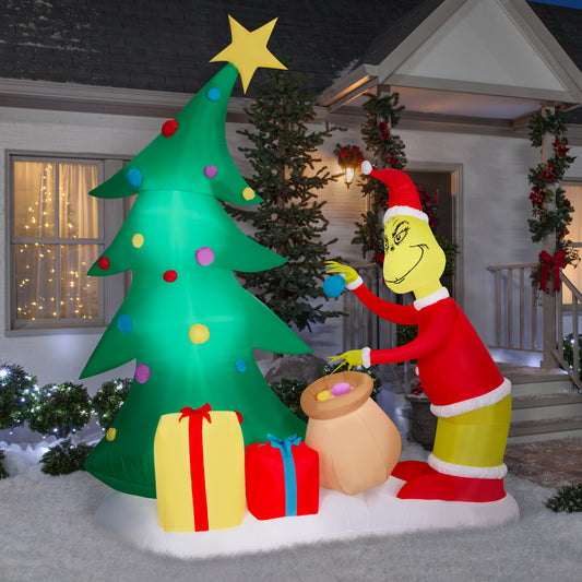 Gemmy Airblown Inflatable Grinch Putting Ornaments on Tree LG Scene Dr. Seuss , 8.5 ft Tall