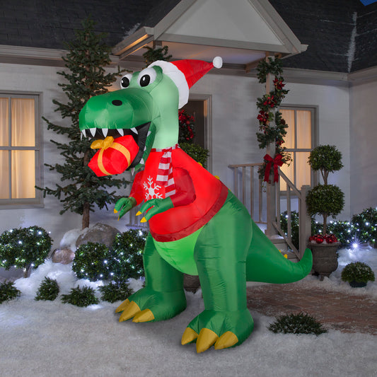Gemmy Christmas Inflatable Dinosaur with Gift Box, 7.5 ft Tall, Multi