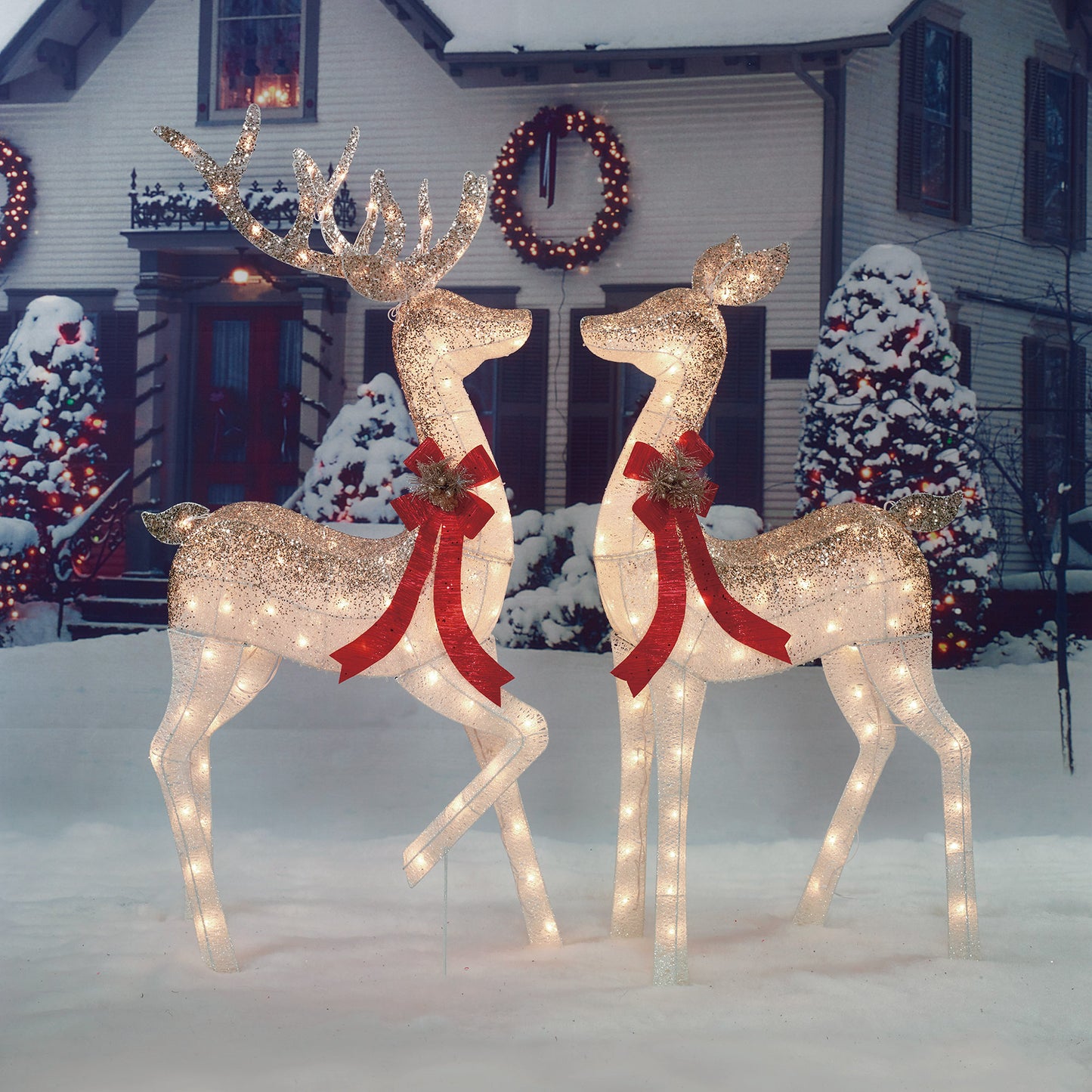 Set of 2 Ombre Glittering Thread Buck And Doe Sculpture Christmas Décor image 6