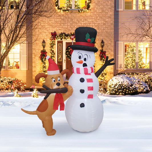 A Holiday Company 6ft Tall Animated Puppy and Snowman Scene, 5 ft Tall, Multi