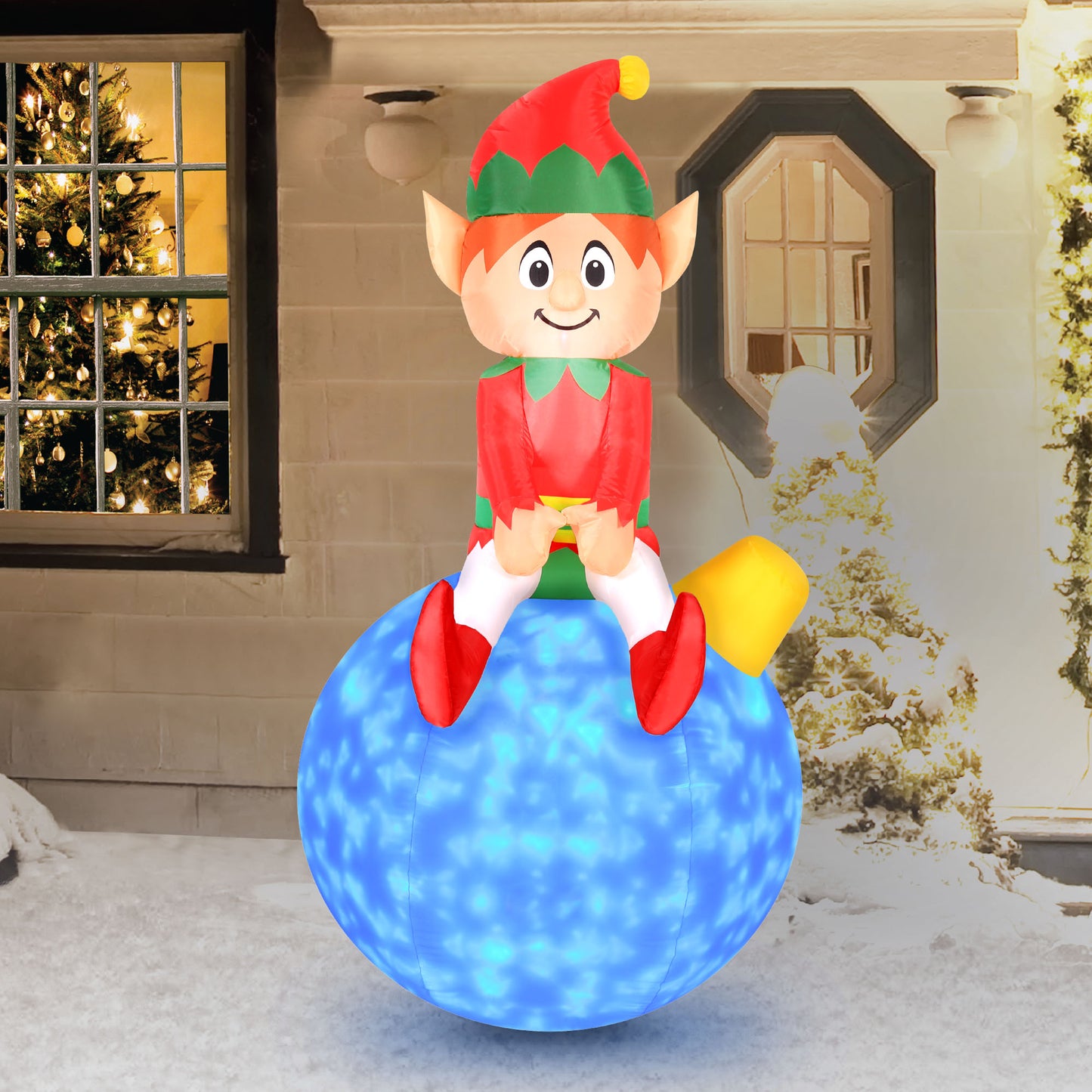 Occasions AIRFLOWZ INFLATABLE ELF ON ORNAMENT 5FT WITH SWIRLING LIGHTS, 5 ft Tall lifestyle