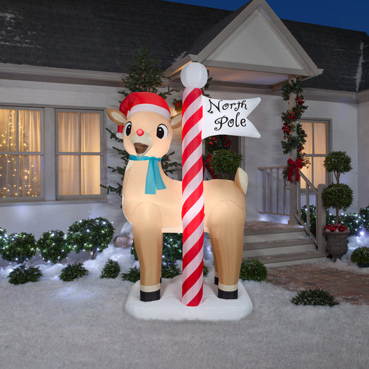 Inflatable Rudolph the Red Nosed Reindeer with North Pole Sign, 7.5 ft Tall lifestyle