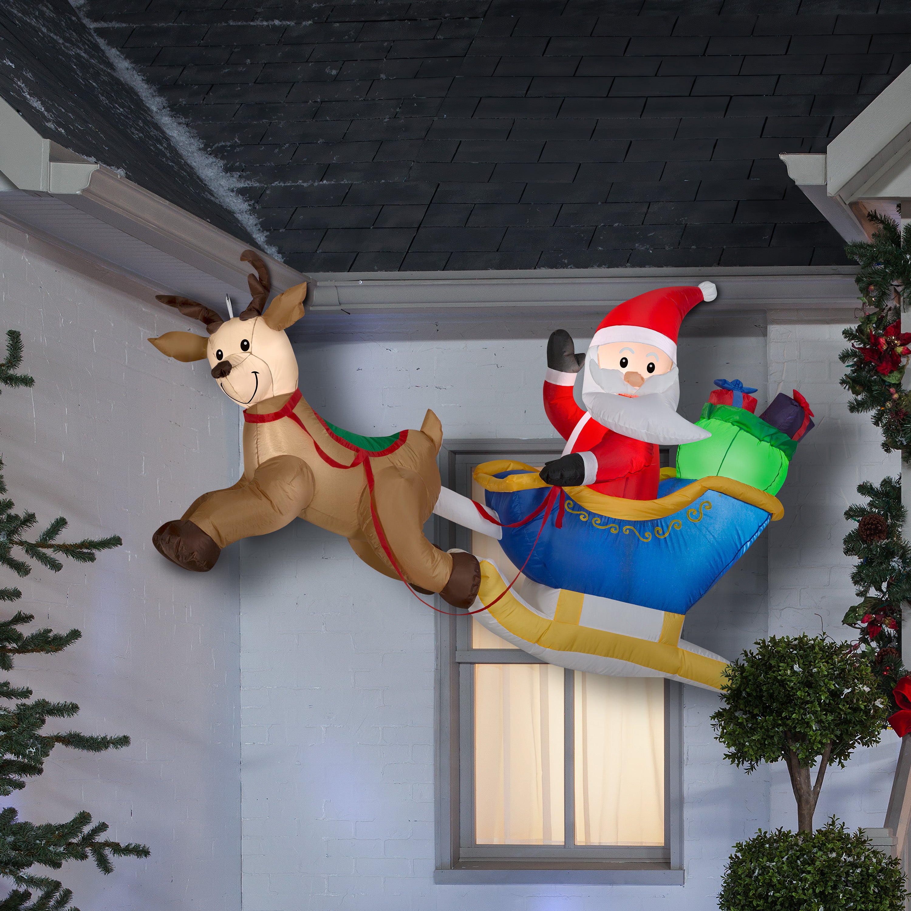6' Wide Airblown Hanging Santa and Reindeer Scene Christmas Inflatable