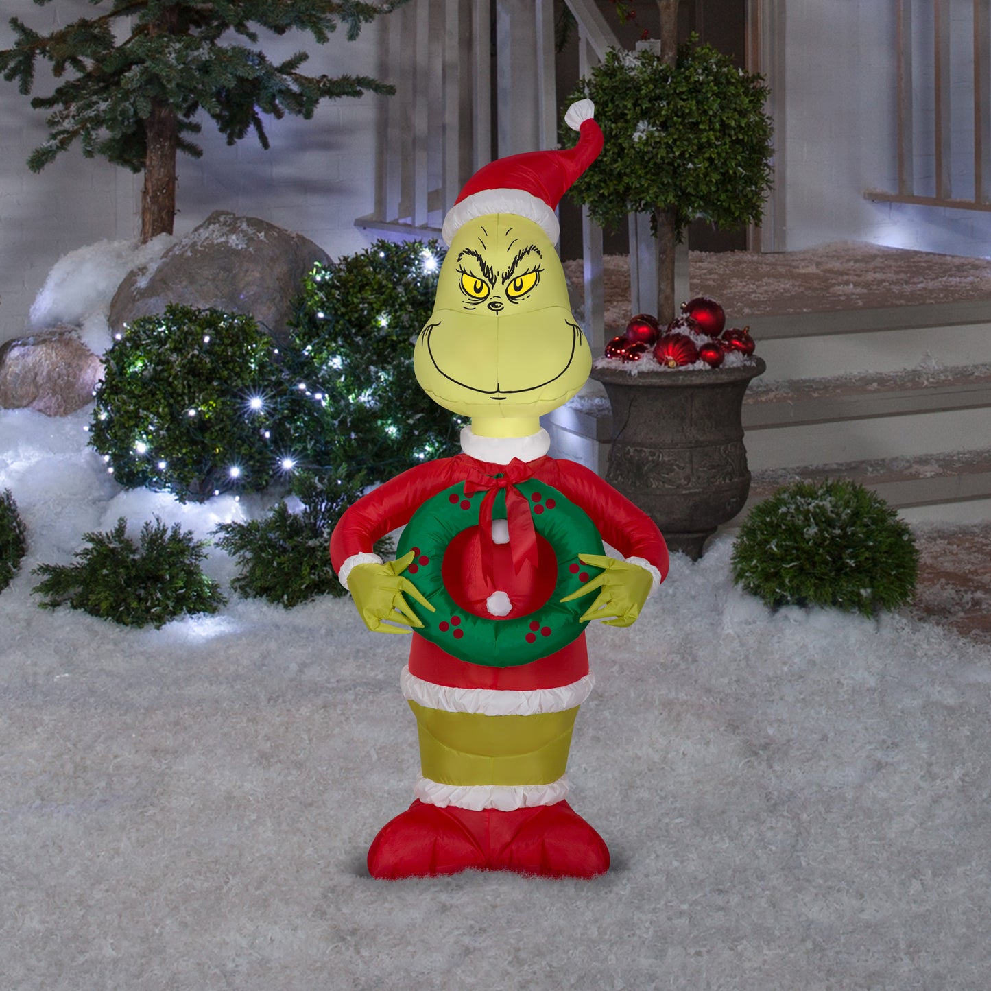 Christmas Inflatable Grinch as Santa w/Wreath Dr. Seuss, 4 ft Tall lifestyle