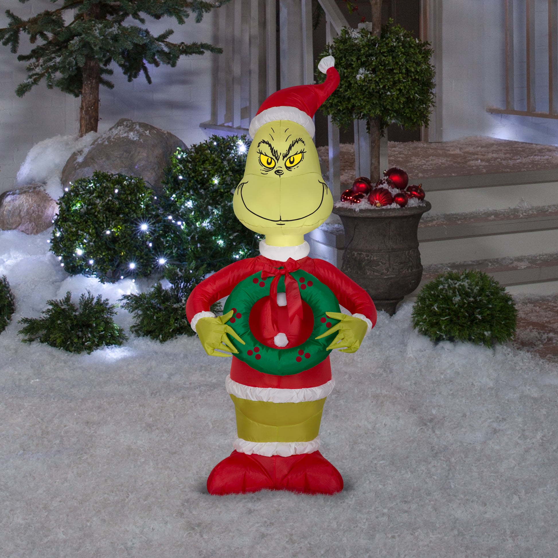 Christmas Inflatable Grinch as Santa w/Wreath Dr. Seuss, 4 ft Tall lifestyle