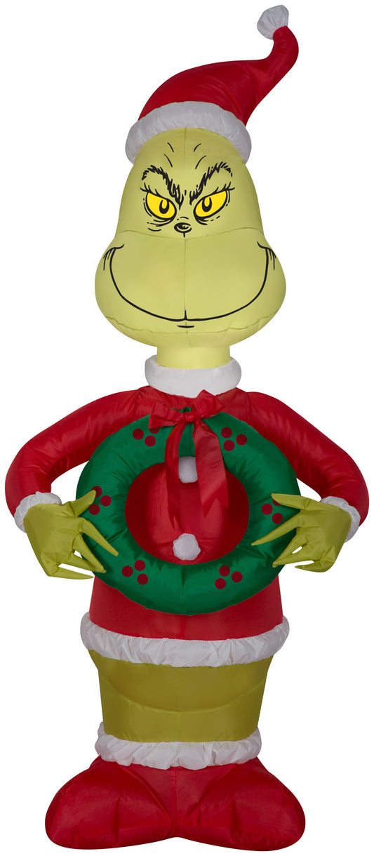 Christmas Inflatable Grinch as Santa w/Wreath Dr. Seuss, 4 ft Tall