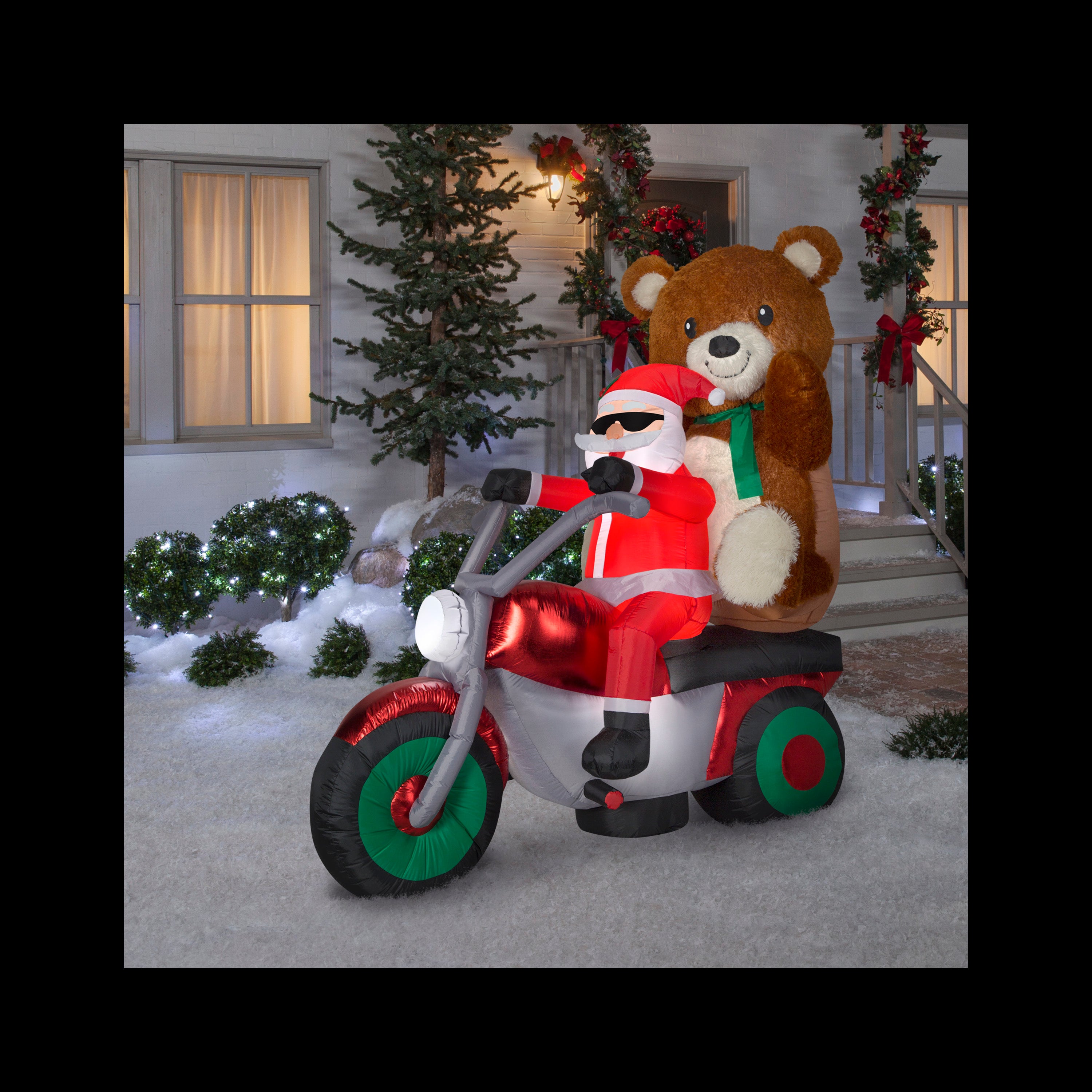6.5' Airblown Mixed Media Santa w/ Teddy Bear on Motorcycle Scene Christmas Inflatable