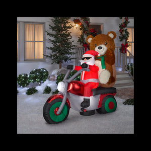 6.5' Airblown Mixed Media Santa w/ Teddy Bear on Motorcycle Scene Christmas Inflatable