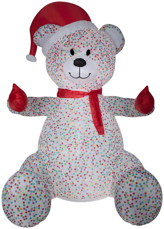 Animated Inflatable Hugging Candy Sprinkles Bear w/Santa Hat and Scarf Giant, 8.5 ft Tall