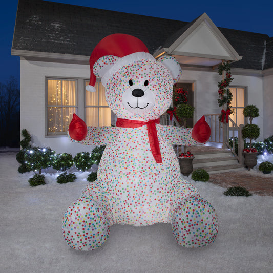 Animated Inflatable Hugging Candy Sprinkles Bear w/Santa Hat and Scarf Giant, 8.5 ft Tall lifestyle