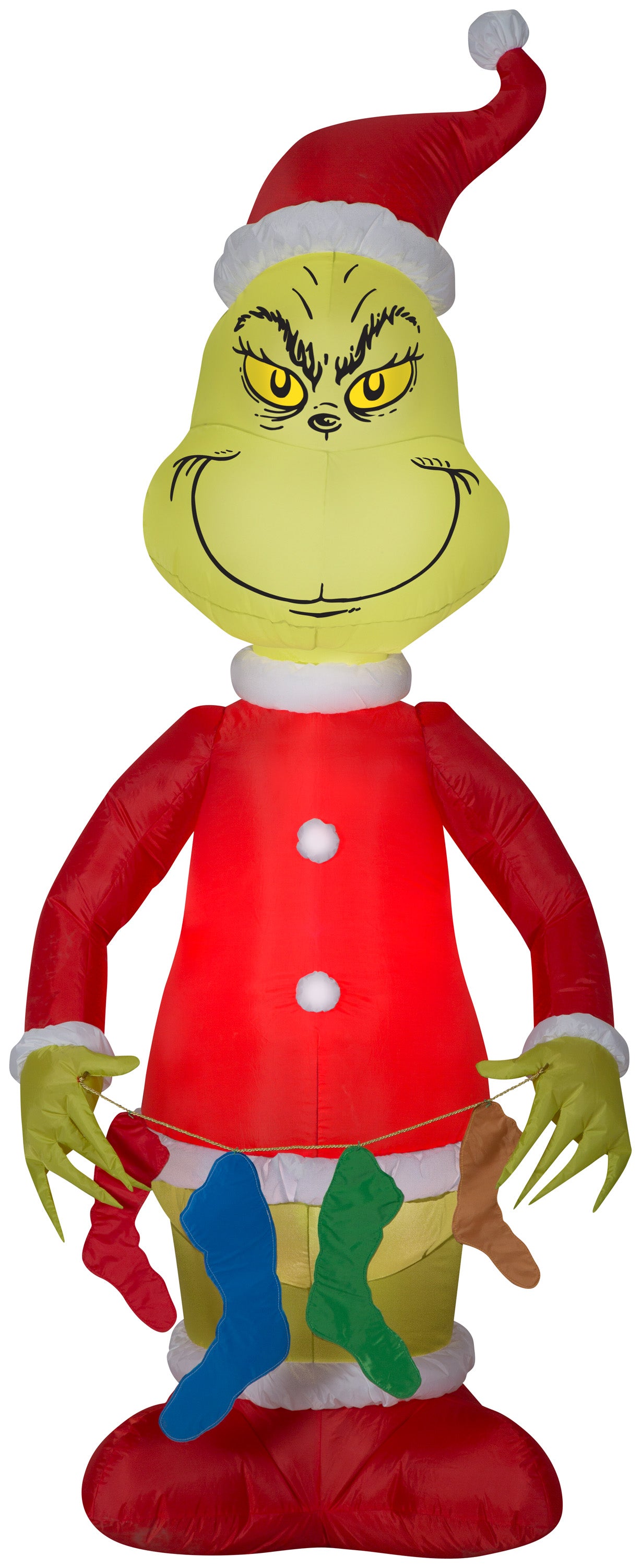 Gemmy Christmas Airblown Inflatable Grinch Holding String of Stockings, 6.5 ft Tall, Red
