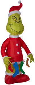 Gemmy Christmas Airblown Inflatable Grinch Holding String of Stockings, 6.5 ft Tall, Red
