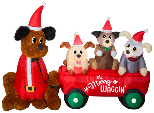 Christmas Inflatable Mixed Media Wagon Full of Puppies Scene w/LED, 5 ft Tall