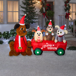Gemmy Christmas Airblown Inflatable Mixed Media Wagon Full of Puppies Scene w/LED, 5 ft Tall