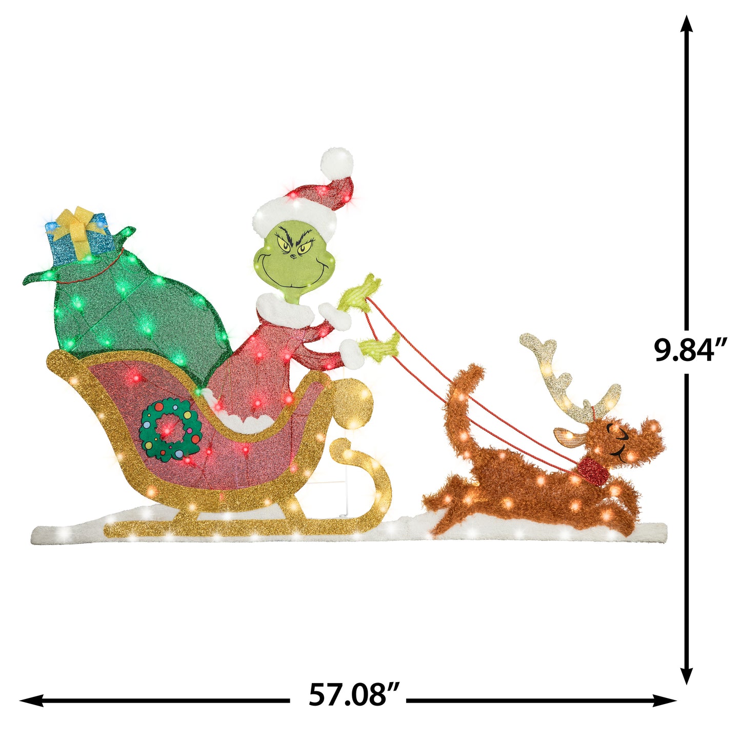 Gemmy Holiday Flat tastics Lighted KD Grinch Sleigh Scene Dr. Seuss, Multicolored