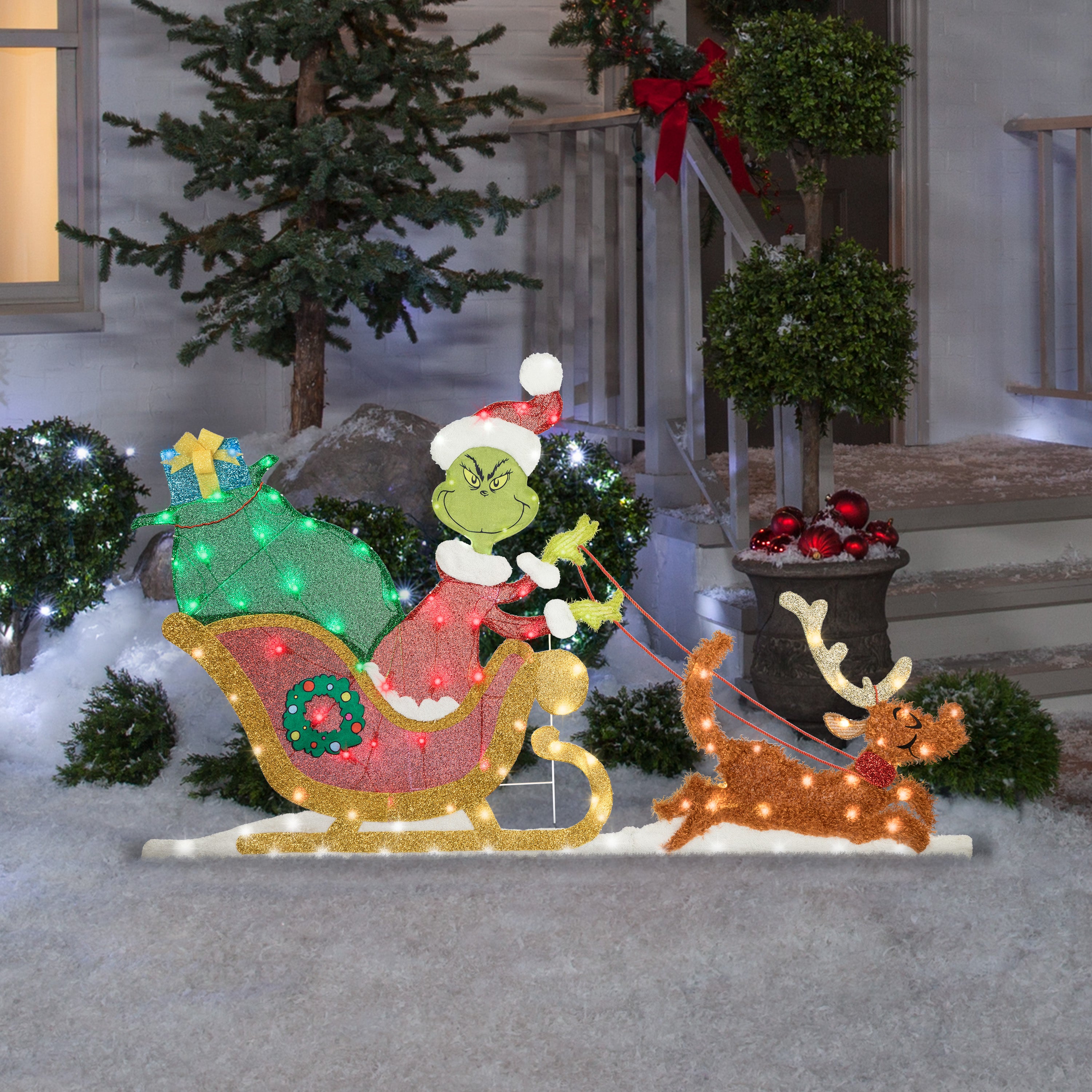 Gemmy Holiday Flat tastics Lighted KD Grinch Sleigh Scene Dr. Seuss, Multicolored