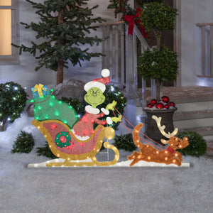 Gemmy Holiday Flat tastics Lighted KD Grinch Sleigh Scene Dr. Seuss, Multicolored