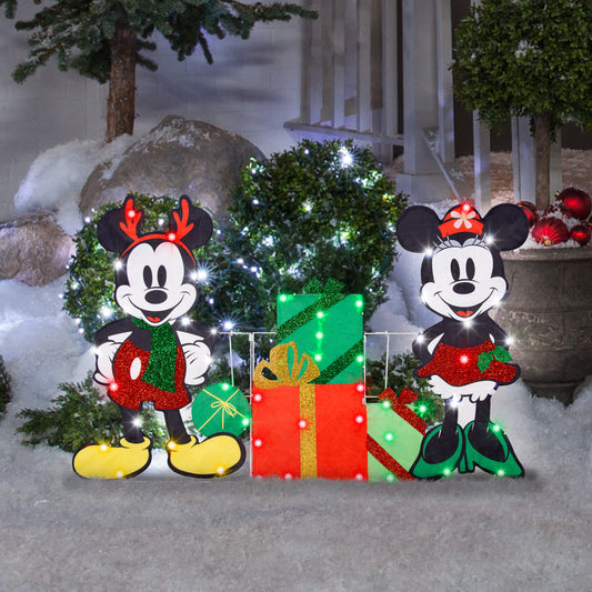 Gemmy Holiday Flat tastics Lighted KD Mickey and Minnie w/Presents Scene Disney, Multicolored