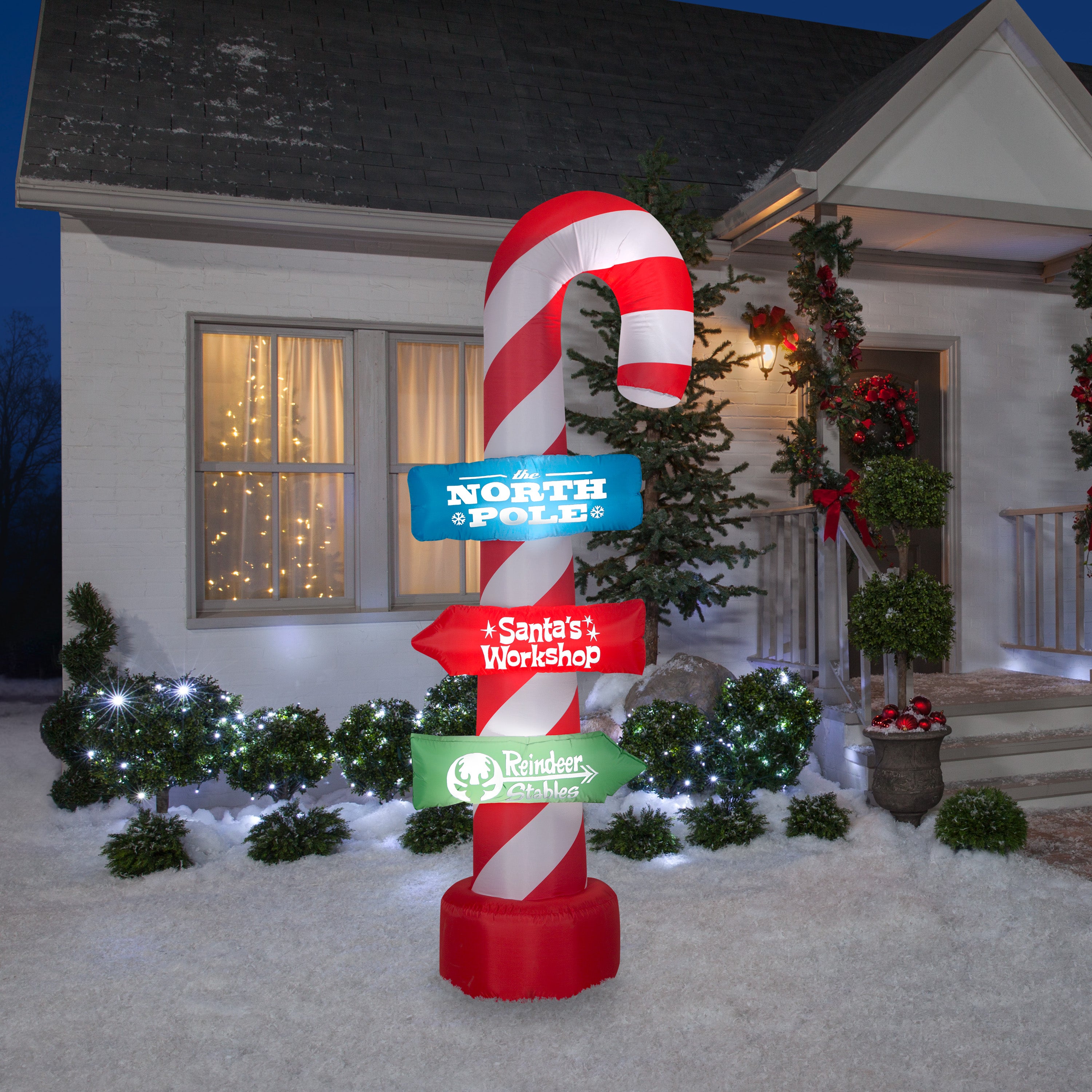 Gemmy Christmas Airblown Inflatable Candy Cane w/Stacking Signs, 8 ft Tall, Multicolored