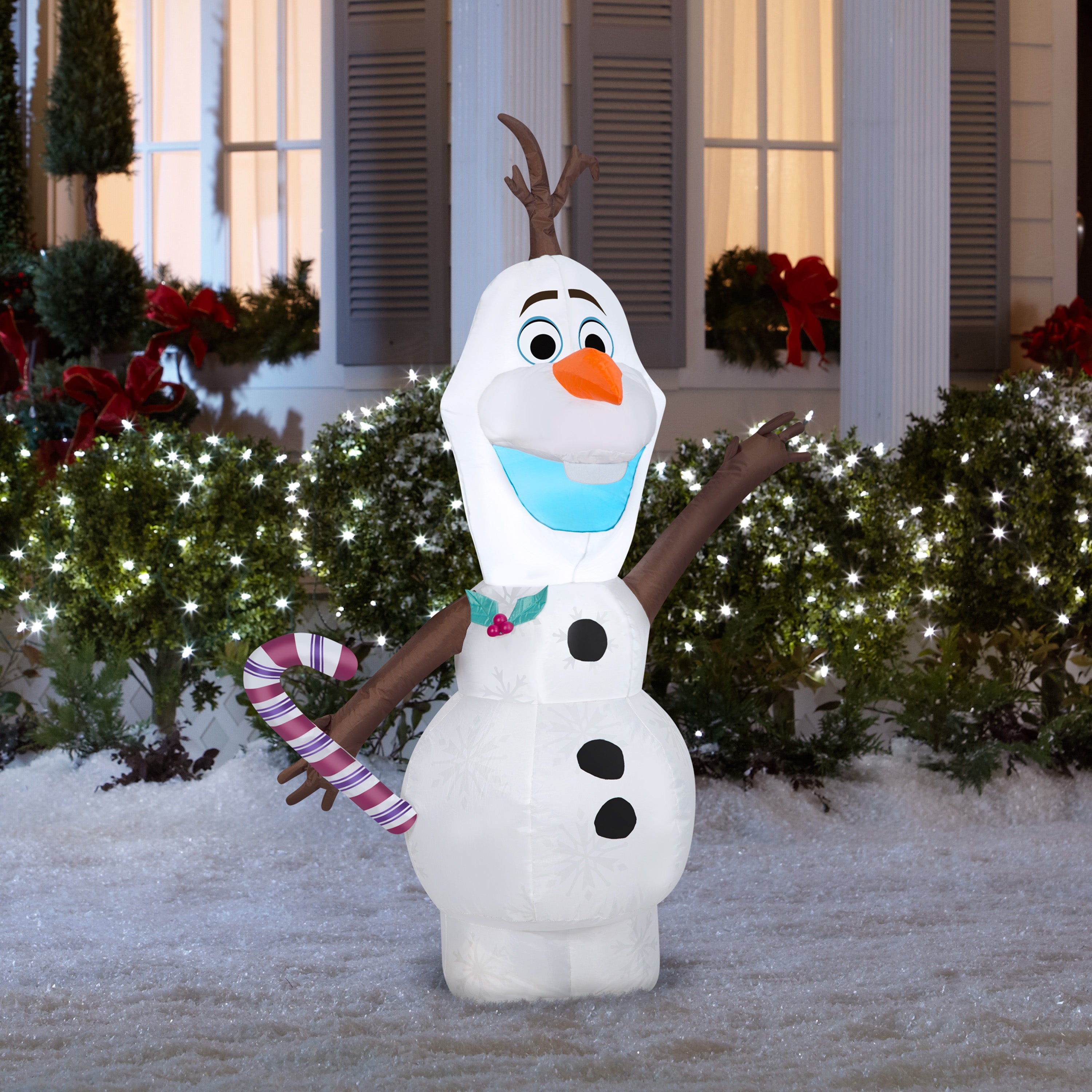 Gemmy Christmas Airblown Inflatable Inflatable Olaf with Candy Cane, 4 ft Tall, white