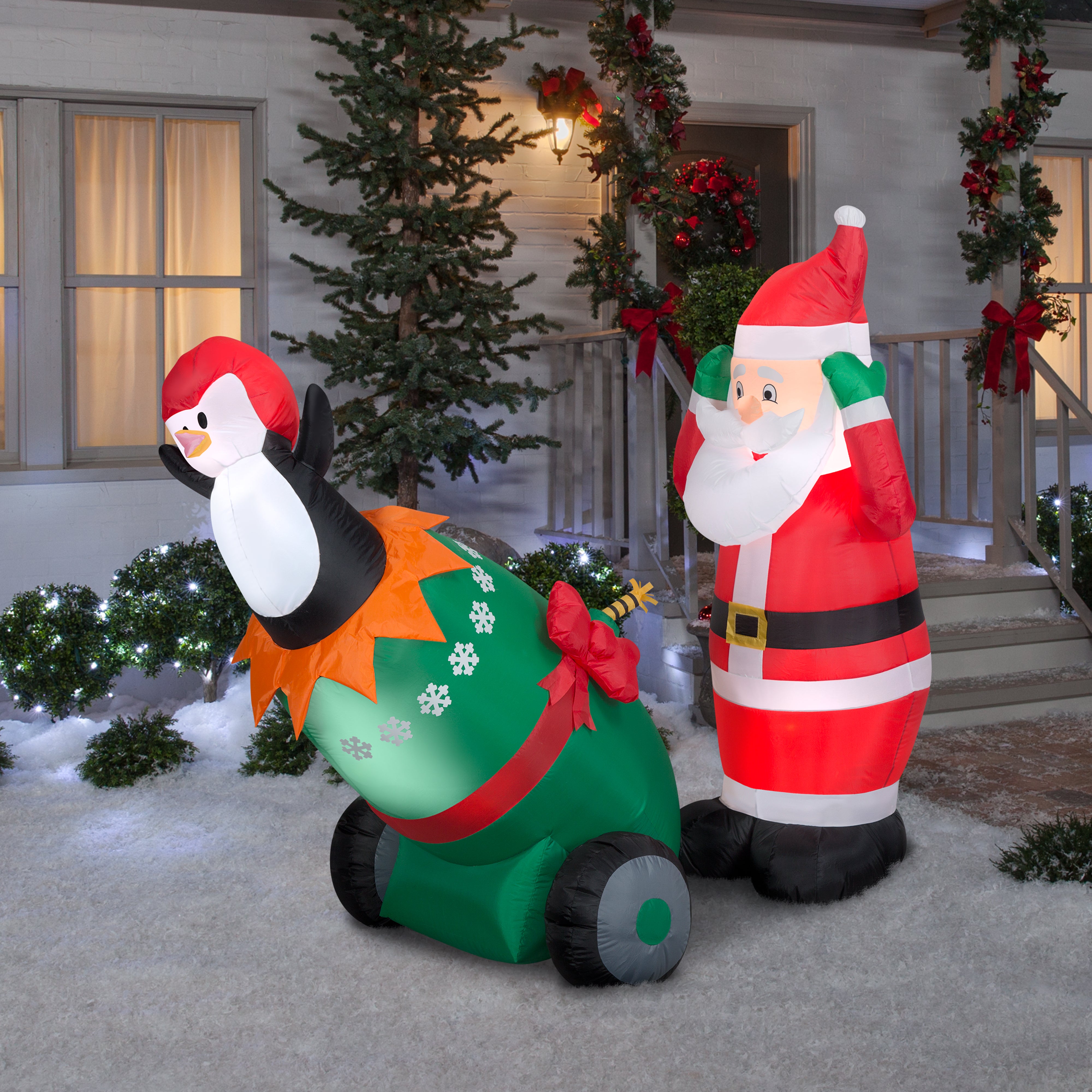 Gemmy Lightshow Airblown Inflatable Santa and Penguin Cannon Scene w/Sparkle LED, 5.5 ft Tall