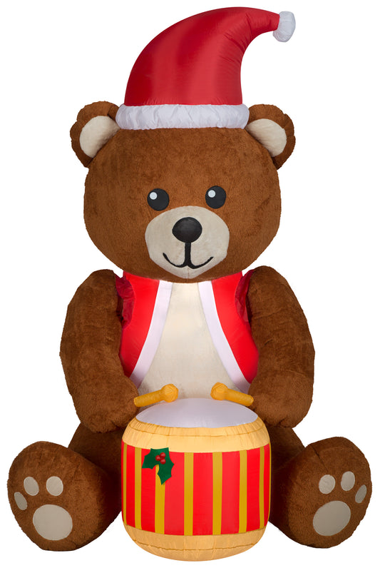 Animated Christmas Inflatable Mixed Media Drumming Fuzzy Teddy Bear, 6 ft Tall, Brown