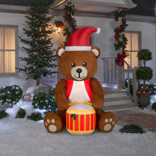 Animated Christmas Inflatable Mixed Media Drumming Fuzzy Teddy Bear, 6 ft Tall, Brown lifestyle