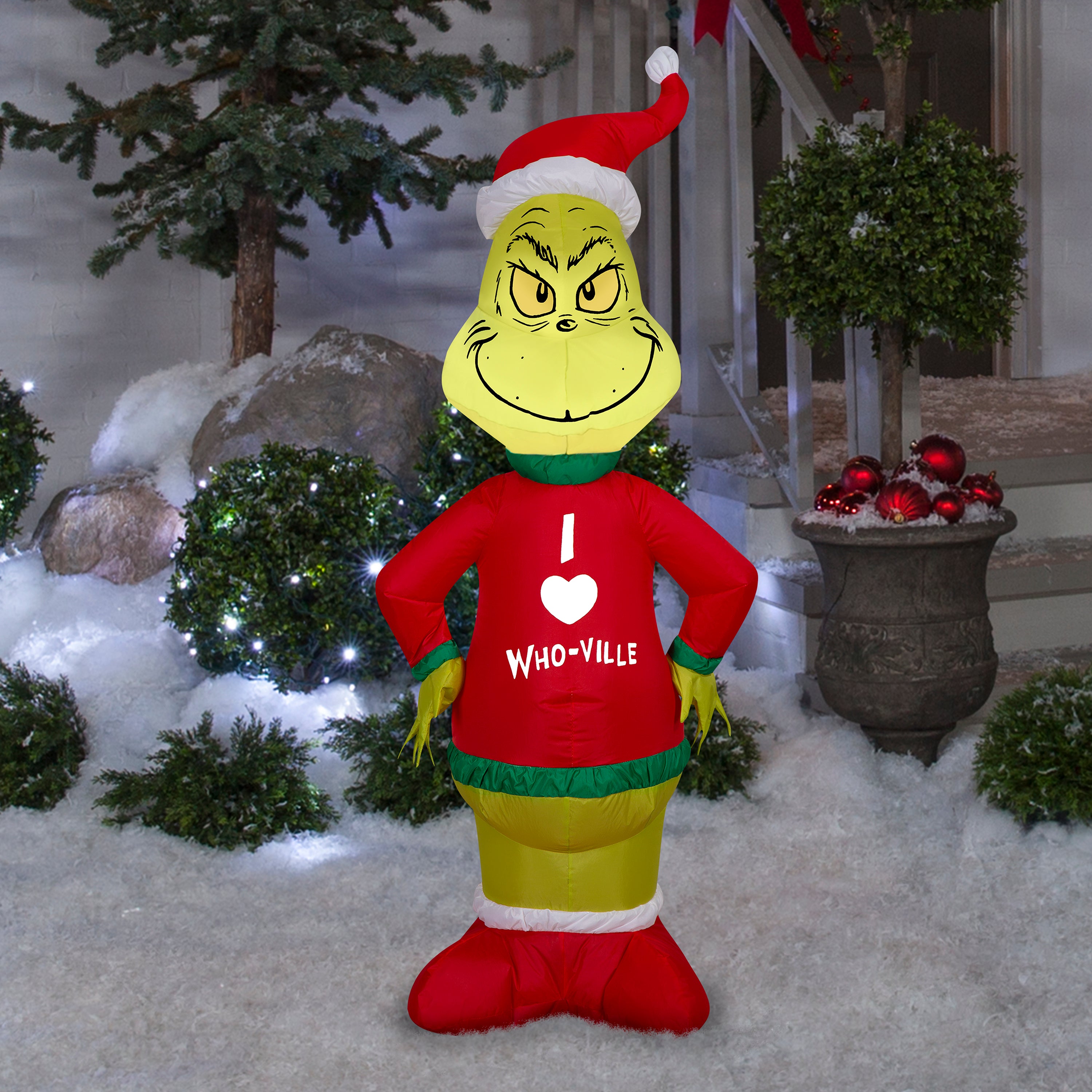 Gemmy Christmas Inflatable Grinch in Who Ville Sweater, 4 ft Tall, Multi