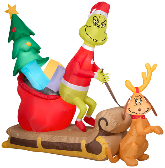 Christmas Inflatable Grinch and Max w/Sleigh Scene Dr. Seuss, 5.5 ft Tall, Brown