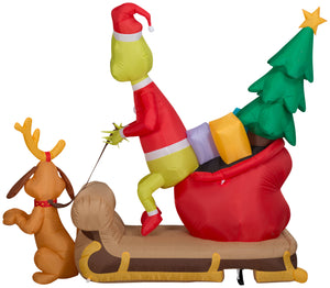 Gemmy Christmas Airblown Inflatable Grinch and Max w/Sleigh Scene Dr. Seuss, 5.5 ft Tall, Brown