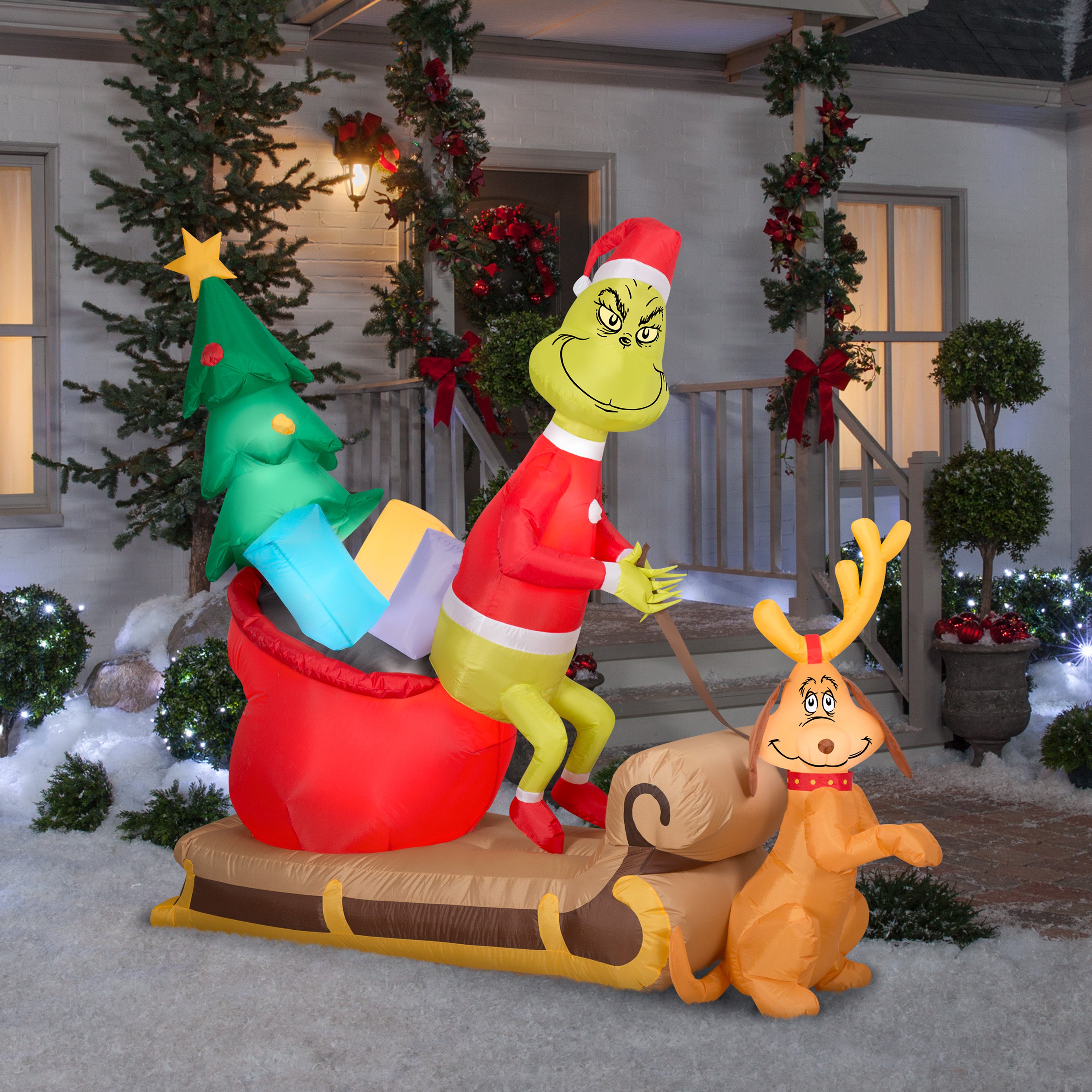 Gemmy Christmas Airblown Inflatable Grinch and Max w/Sleigh Scene Dr. Seuss, 5.5 ft Tall, Brown