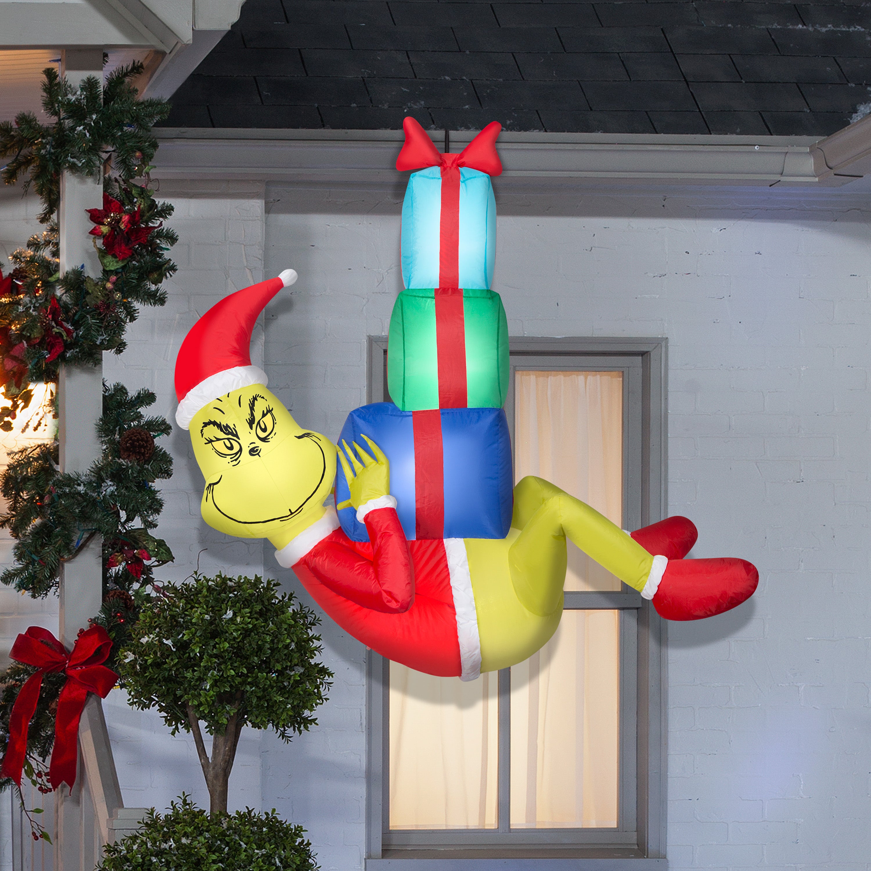 Gemmy Christmas Airblown Inflatable Hanging Grinch w/Presents, 4 ft Tall, Brown