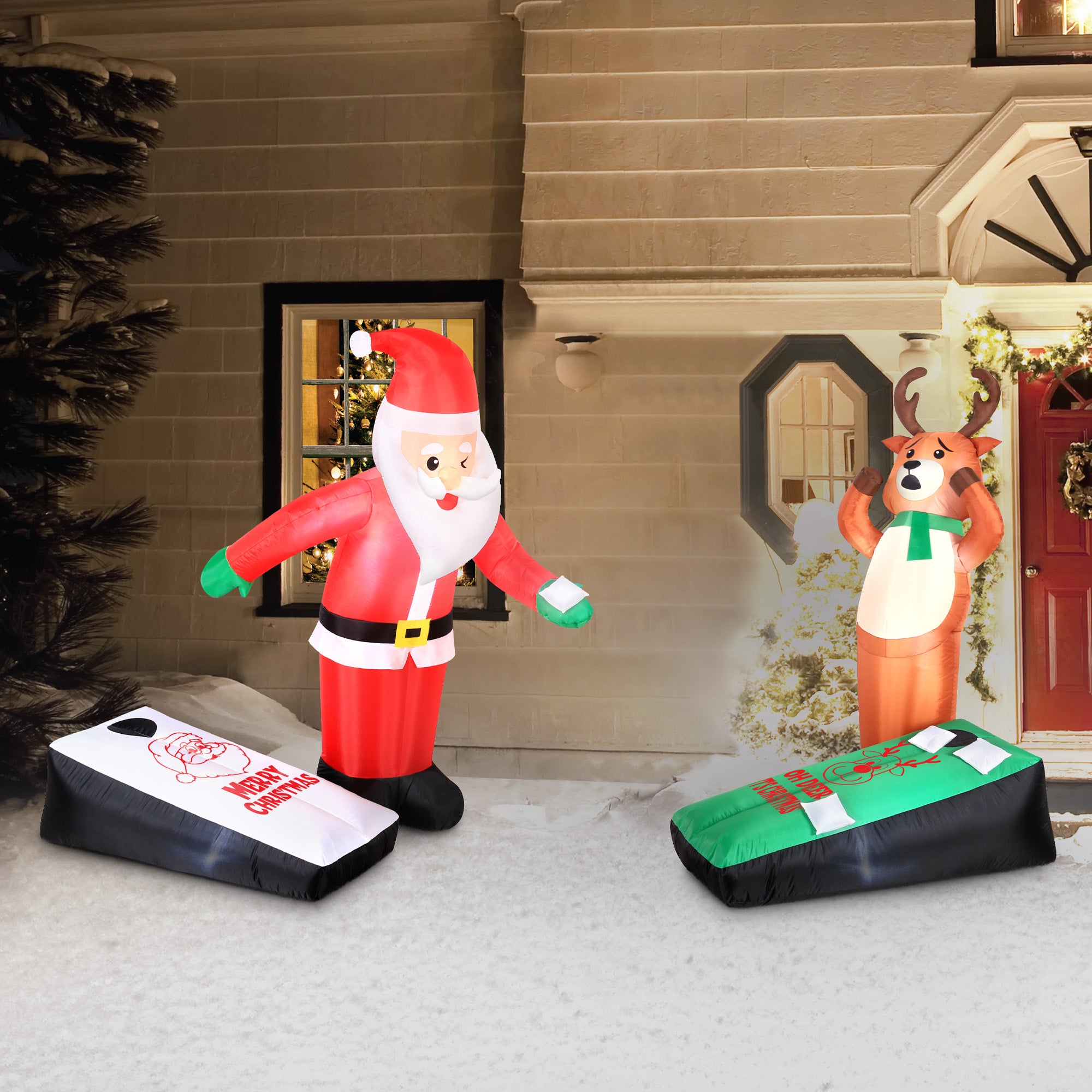 Occasions Airflowz Inflatable Santa And Reindeer Playing Cornhole, 5 ft Tall, Multicolored