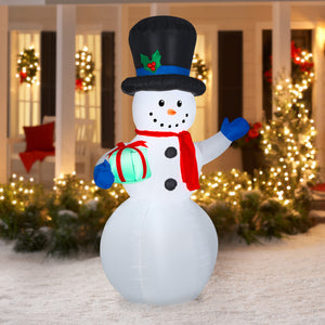 Gemmy Christmas Airblown Inflatable Snowman w/Gift OPP, 7 ft Tall, White